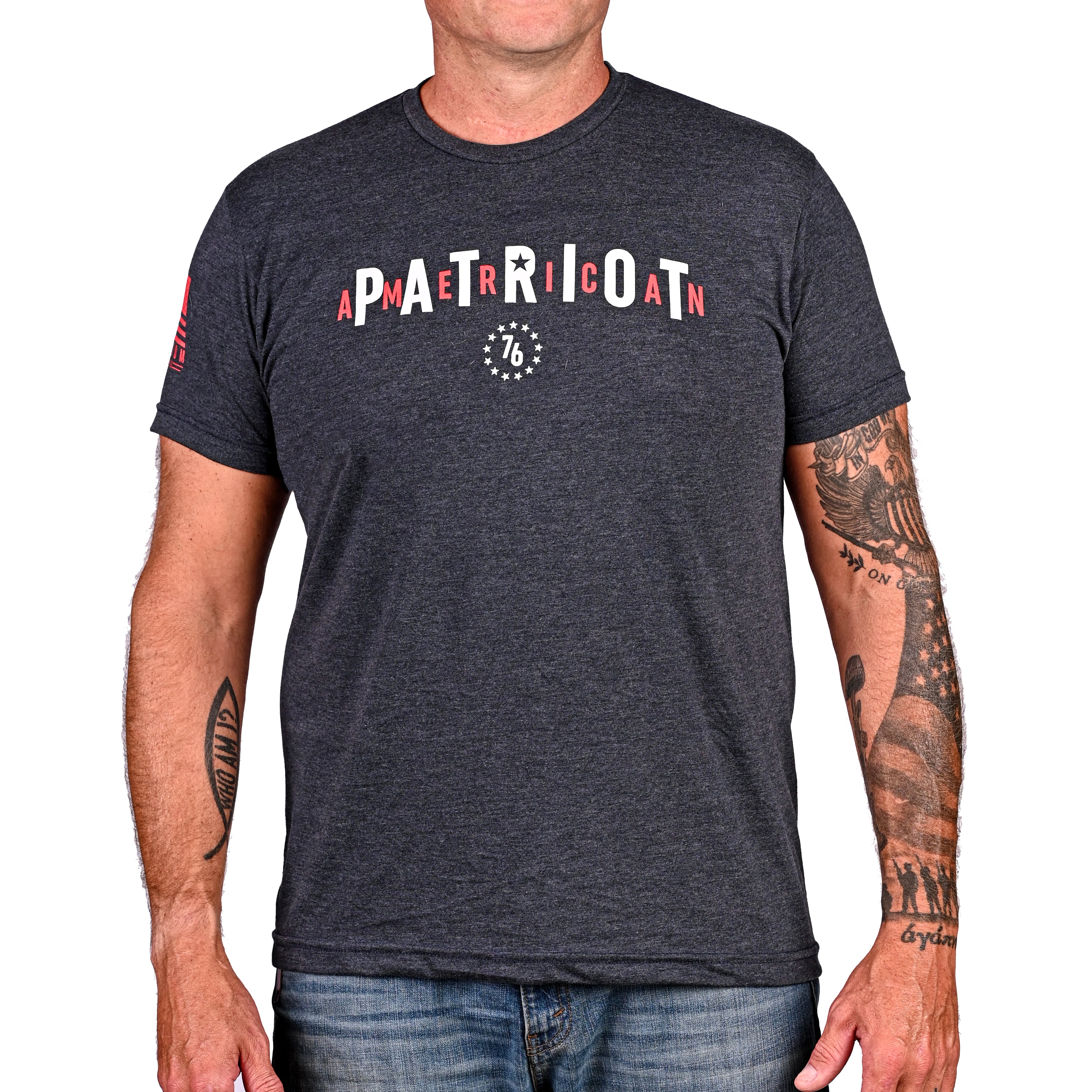 Front View of the Men's American Patriot Triblend Heather Navy Tshirt