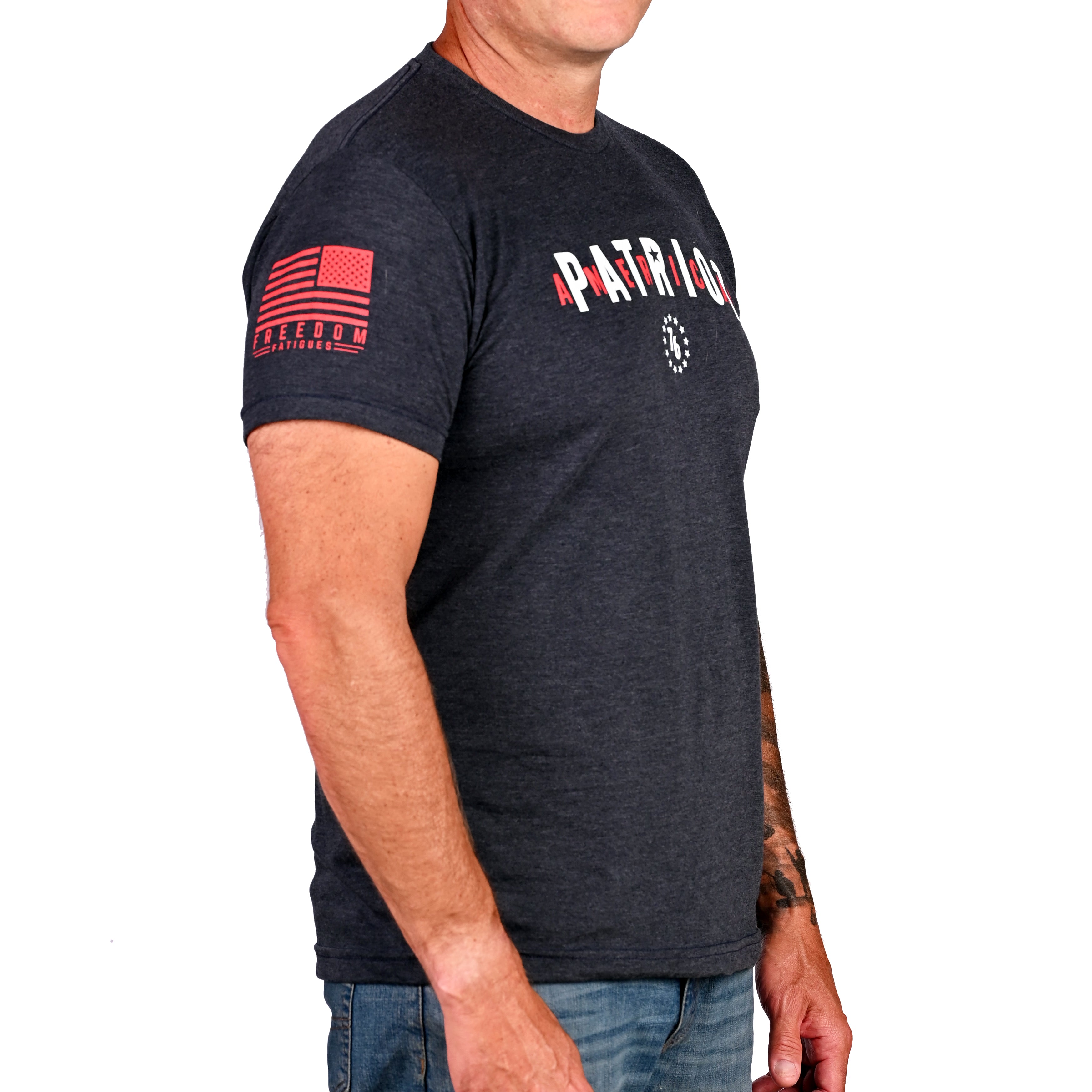 Right Side View of the Men's American Patriot Triblend Heather Navy Tshirt
