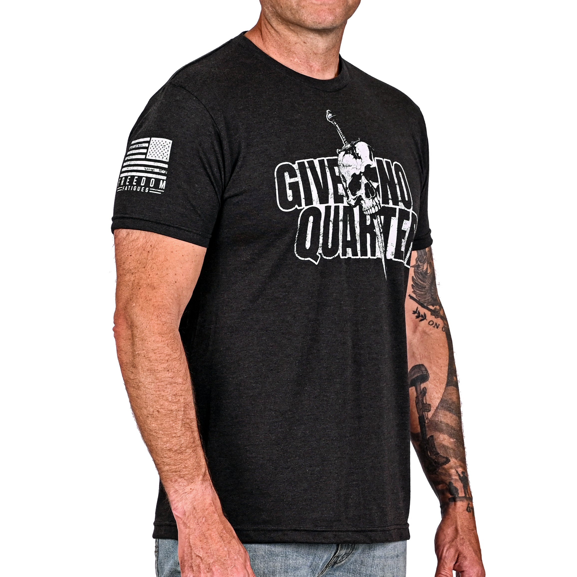 Men's Give No Quarter Patriotic Tshirt, Front Right Side