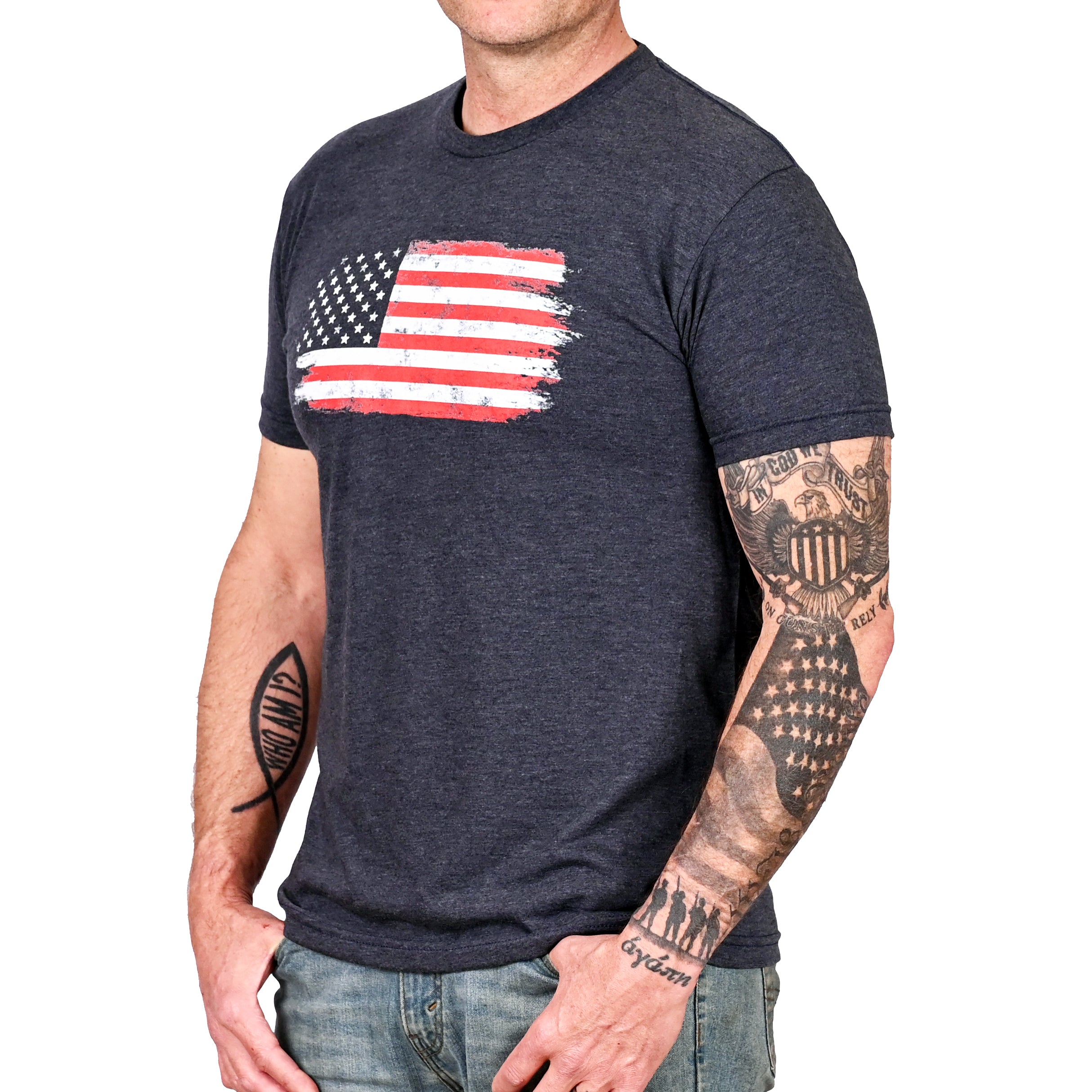 Men's Old Glory Patriotic t-shirt with a graphic of the American flag on the front. (Front view)