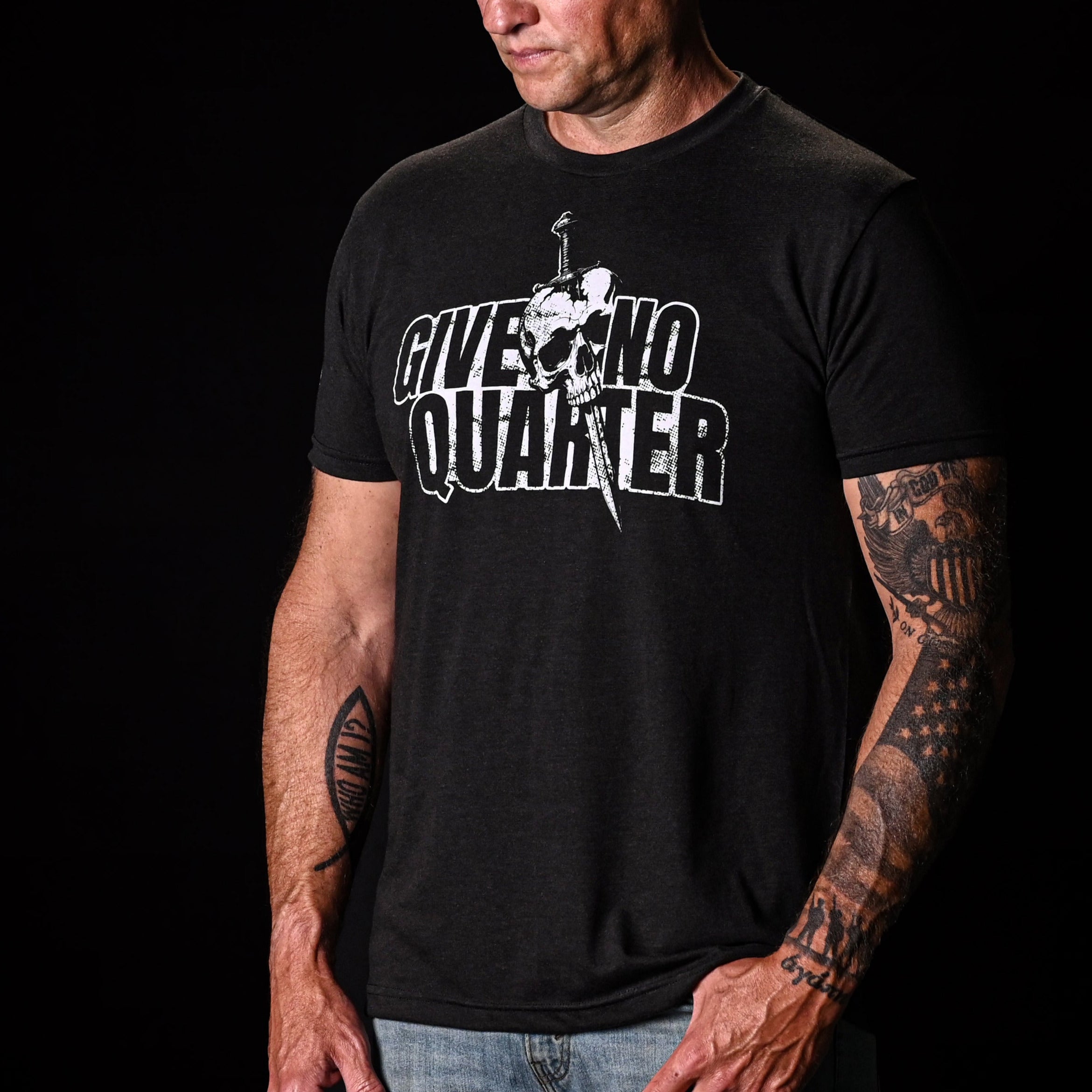 Men's Give No Quarter Patriotic Tshirt Lifestyle Shot