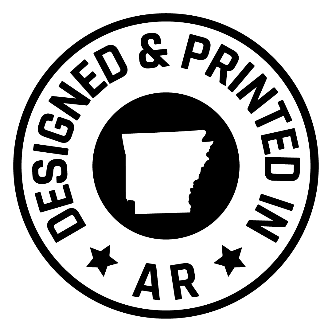 Circular logo with 'Designed & Printed in AR' text and an outline of Arkansas.