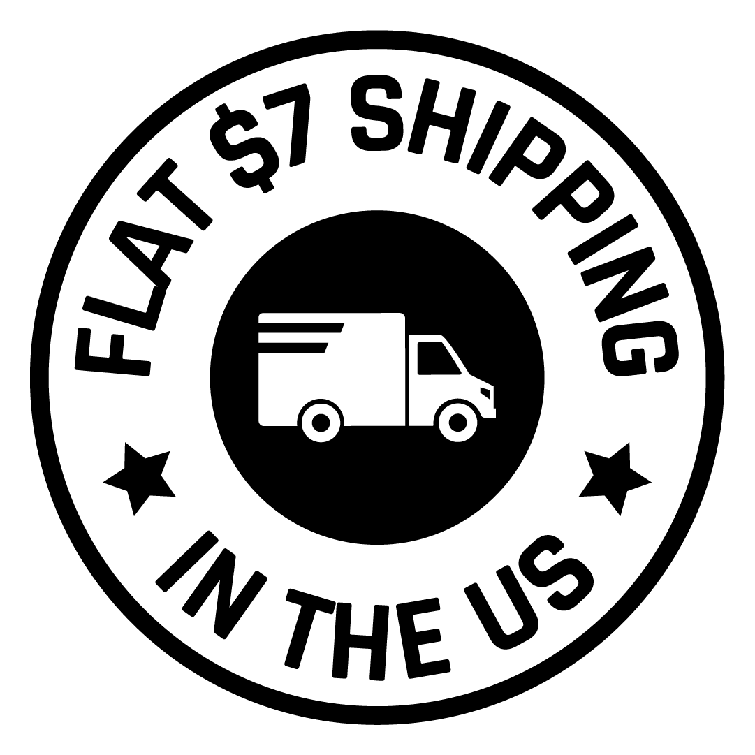 Black and white logo with text 'FLAT $7 SHIPPING IN THE US' and a delivery truck icon.
