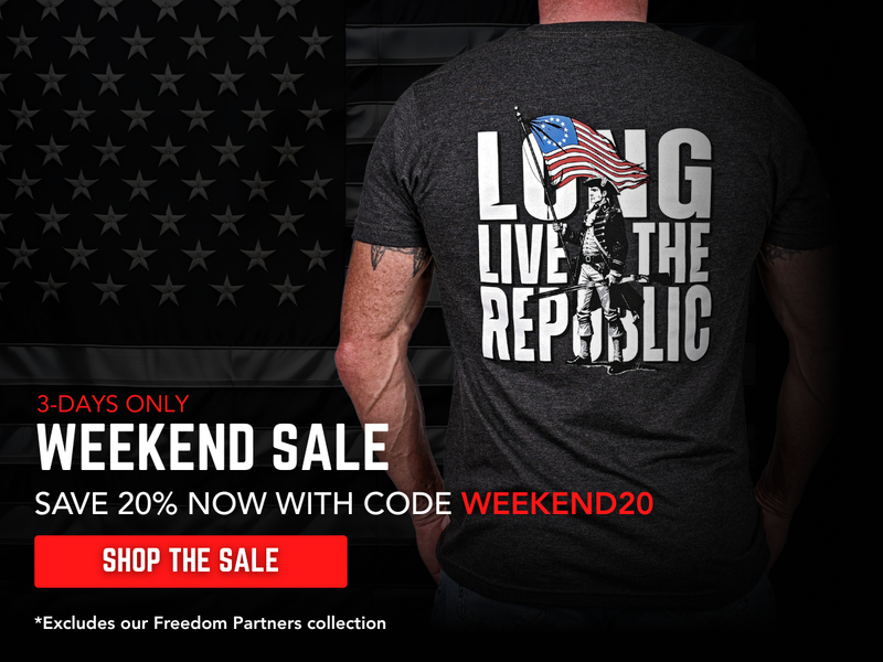 Person wearing a t-shirt with 'Long Live the Republic' design, American flag, and promotional text for a weekend sale.