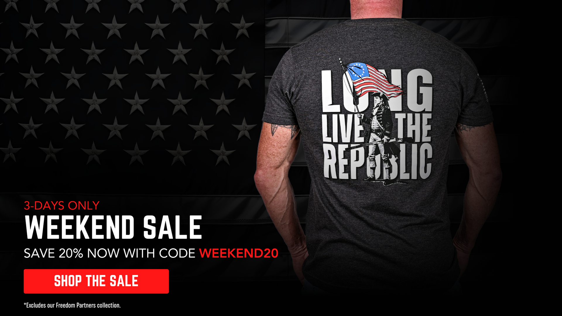 Person wearing a black t-shirt with 'Long Live the Republic' design against an American flag background, promoting a weekend sale.