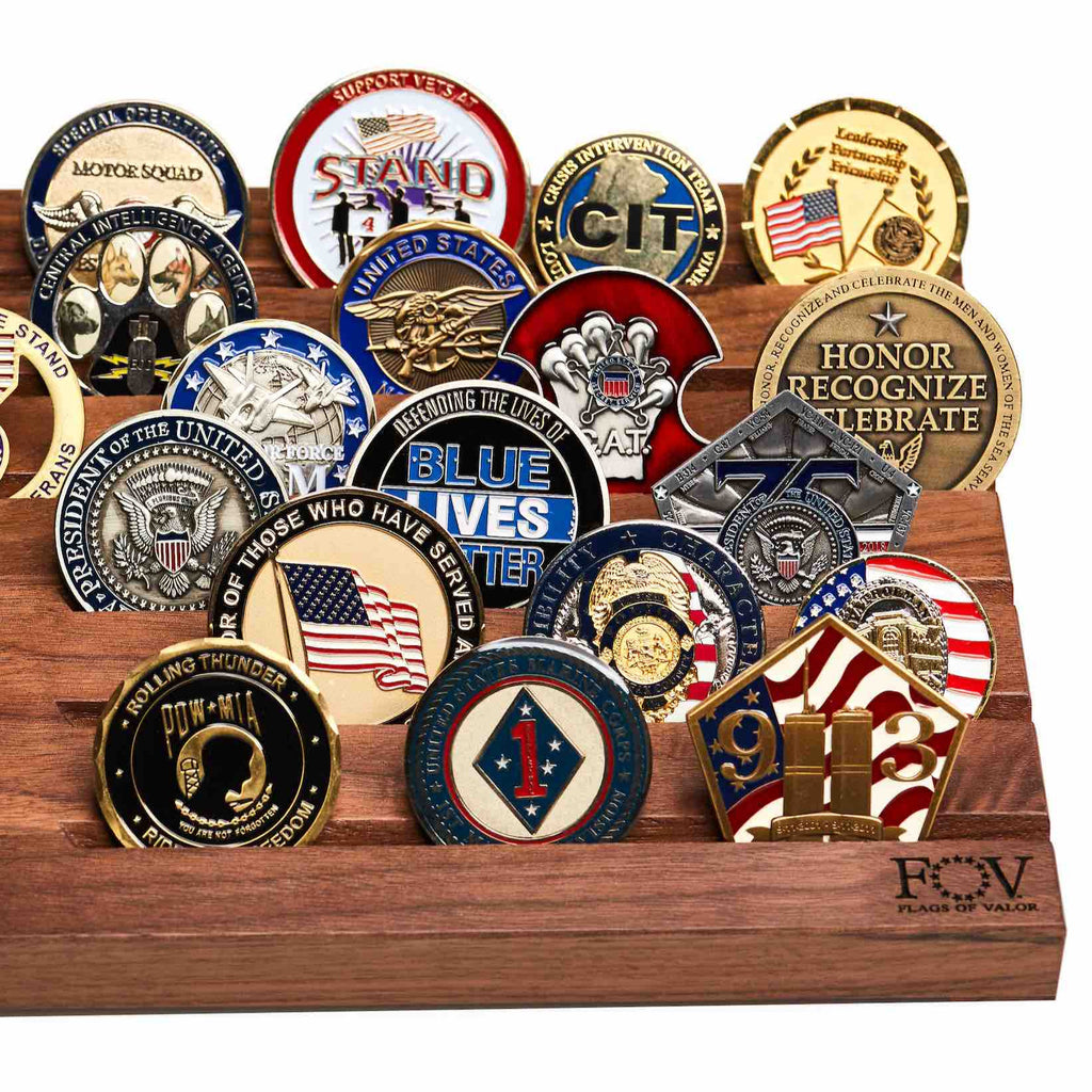 Wooden Desktop Challenge Coin Holder - Flags of Valor