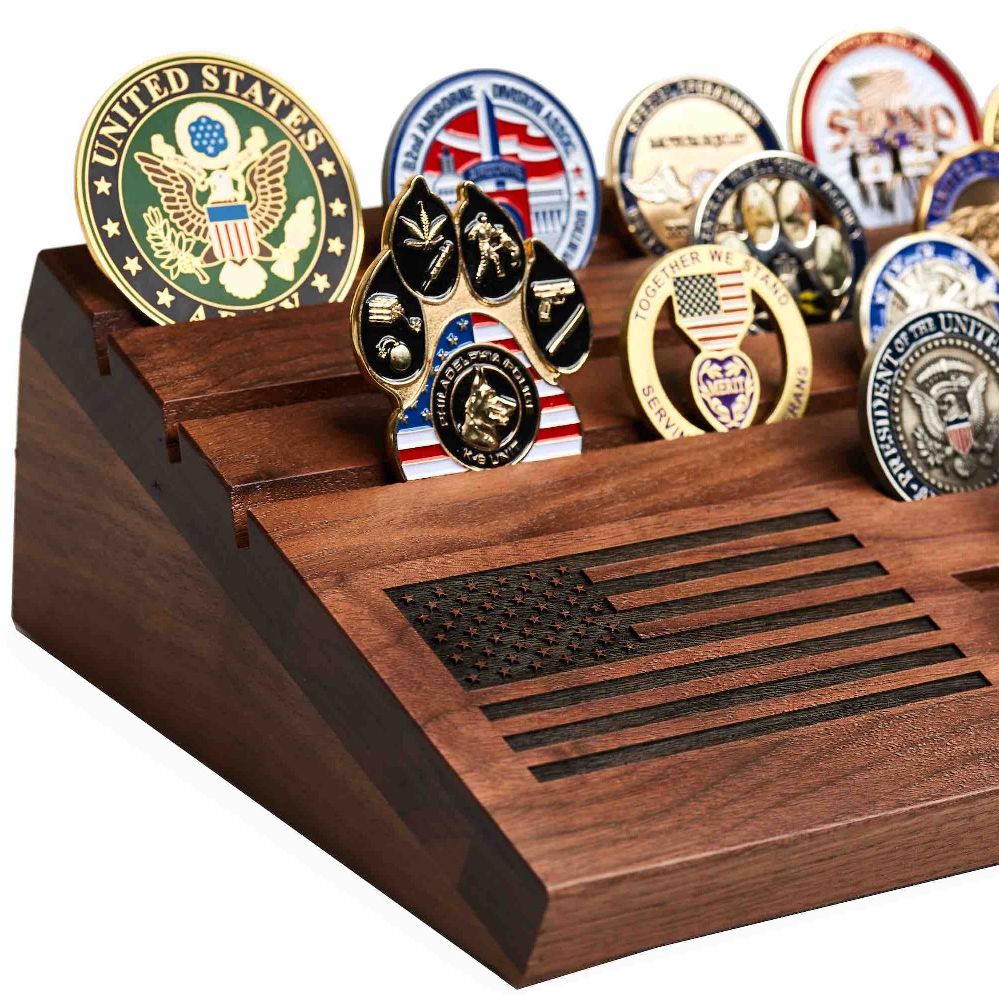Wooden Desktop Challenge Coin Holder - Flags of Valor