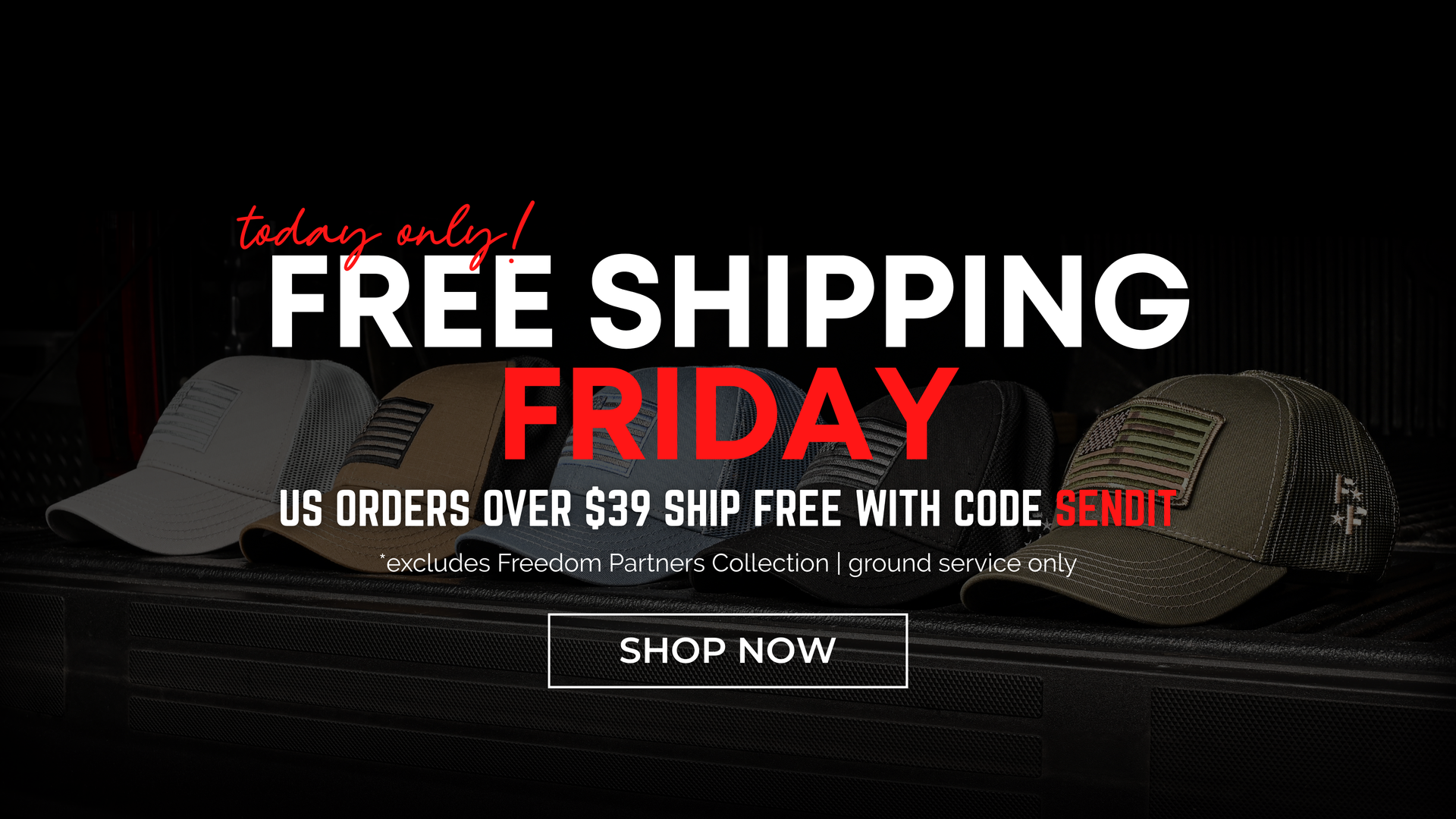 Promotional banner for free shipping on 'Free Shipping Friday' with hats displayed.