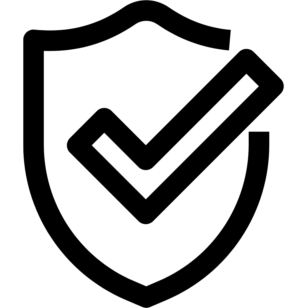 Black shield icon with a check mark on a white background