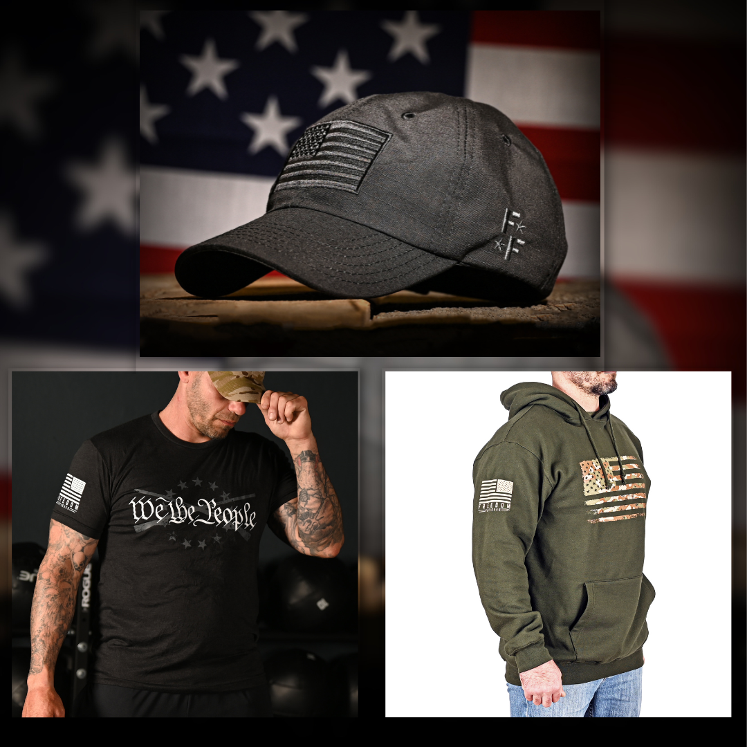 A collage showing a black patriotic t-shirt with the text 'We the People', an olive green hoodie with a camouflage American flag on the chest, and a black unstructured baseball cap with an American flag design.