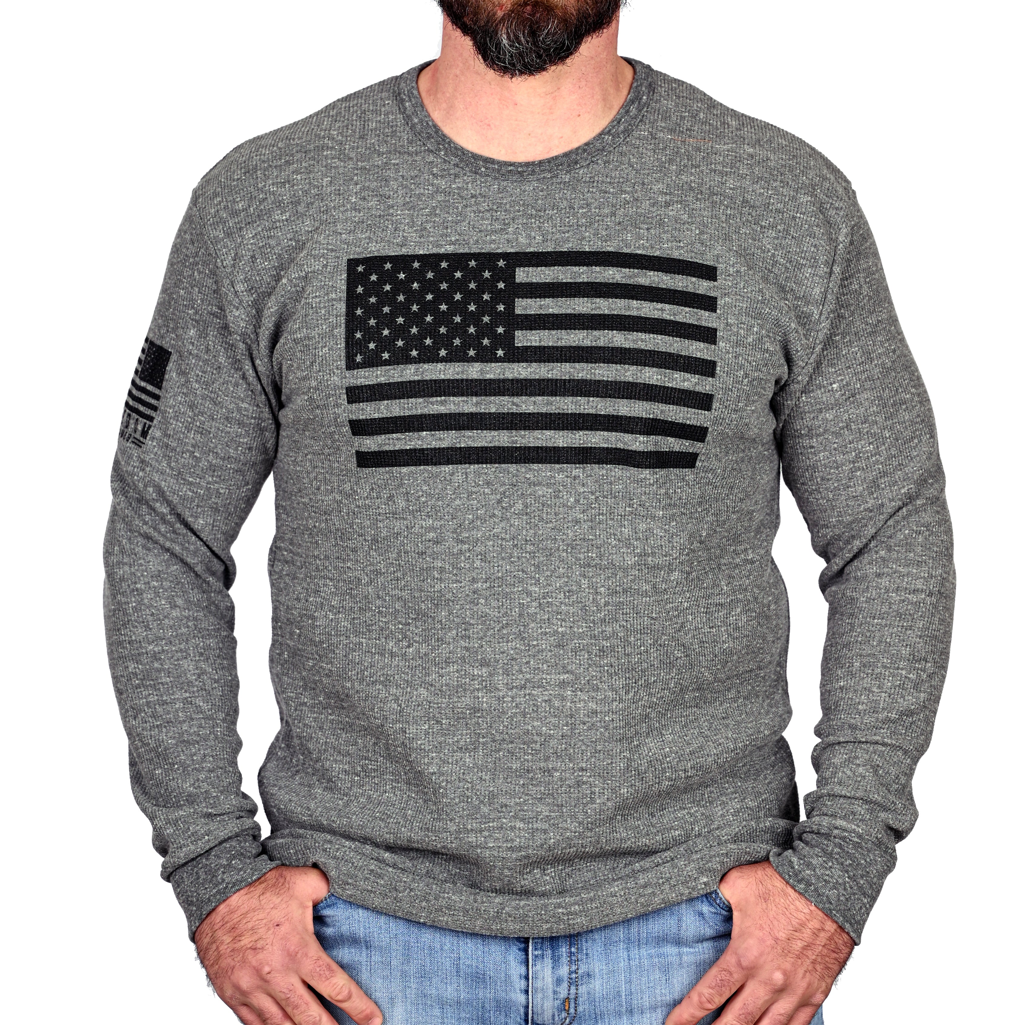 Model wearing the long sleeve American Flag patriotic thermal from the front 