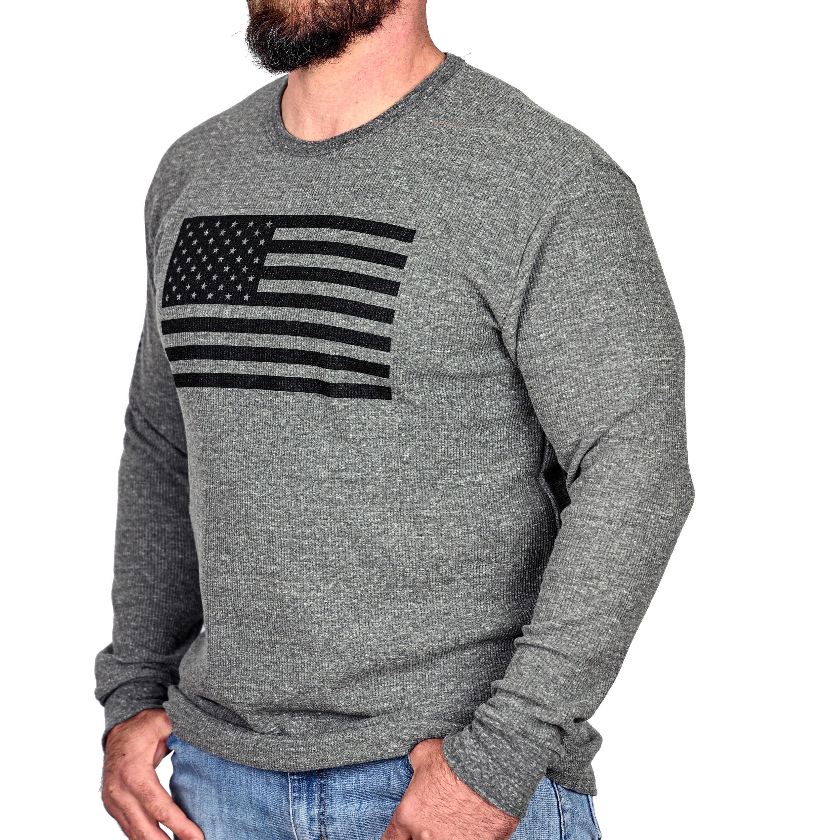 Model wearing the long sleeve American Flag patriotic thermal from the front left