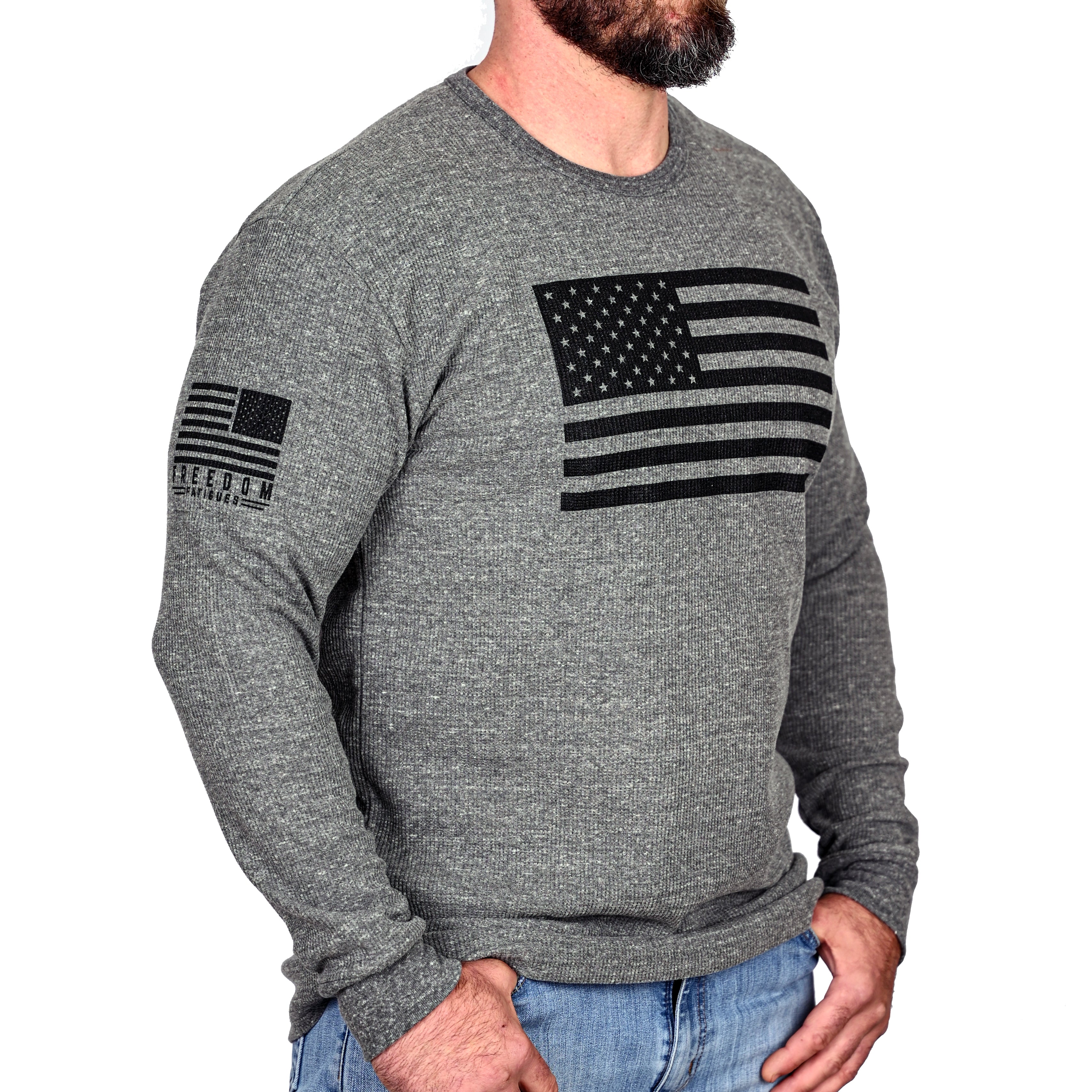 Model wearing the long sleeve American Flag patriotic thermal from the front right