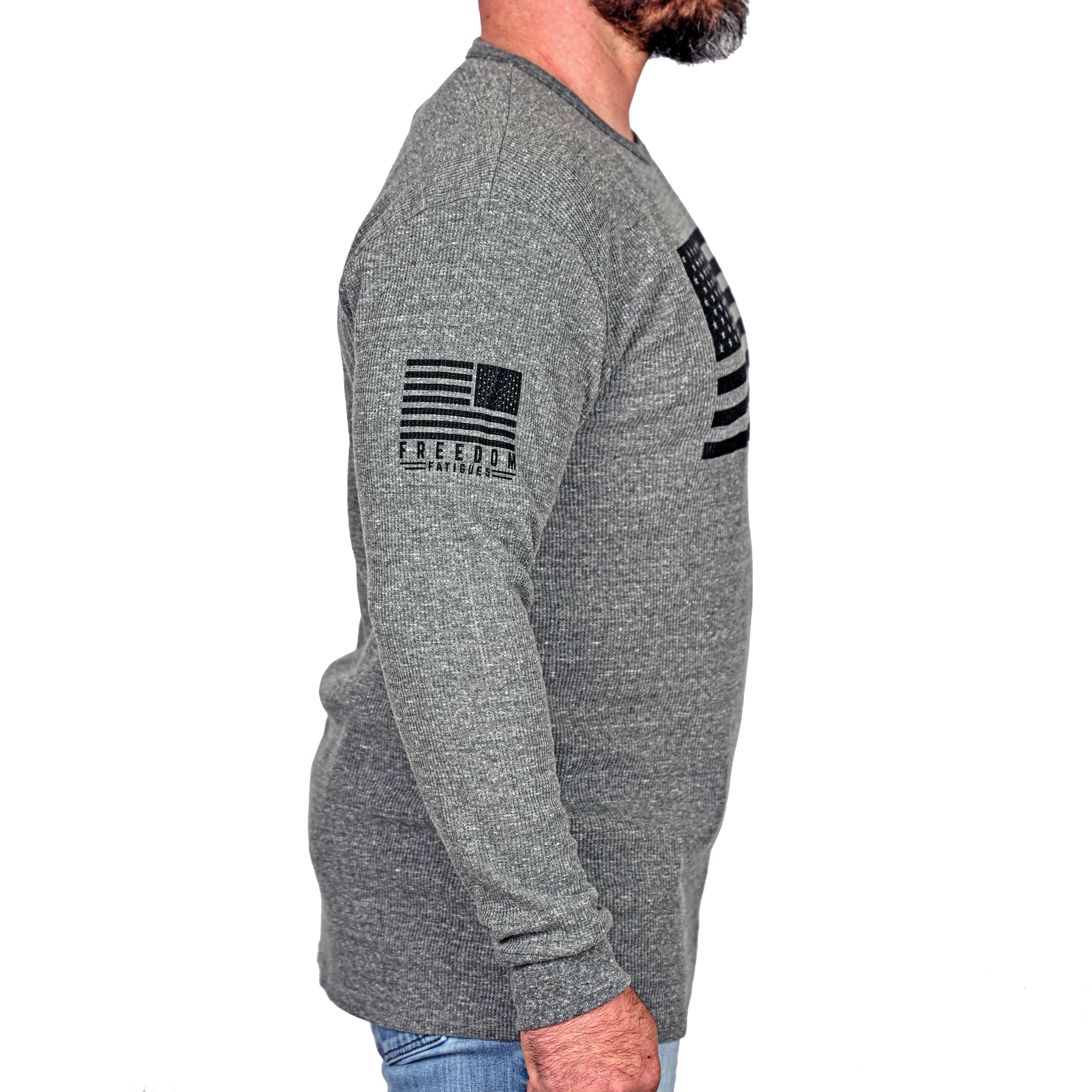 Model wearing the long sleeve American Flag patriotic thermal, right side