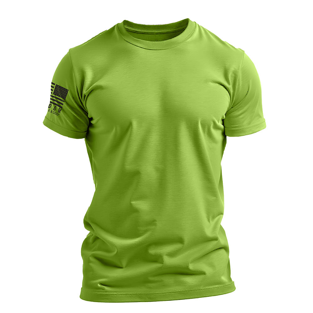 Men's basic hi-vis green patriotic work shirt with a small American flag on the right sleeve, featuring a crew neck design.