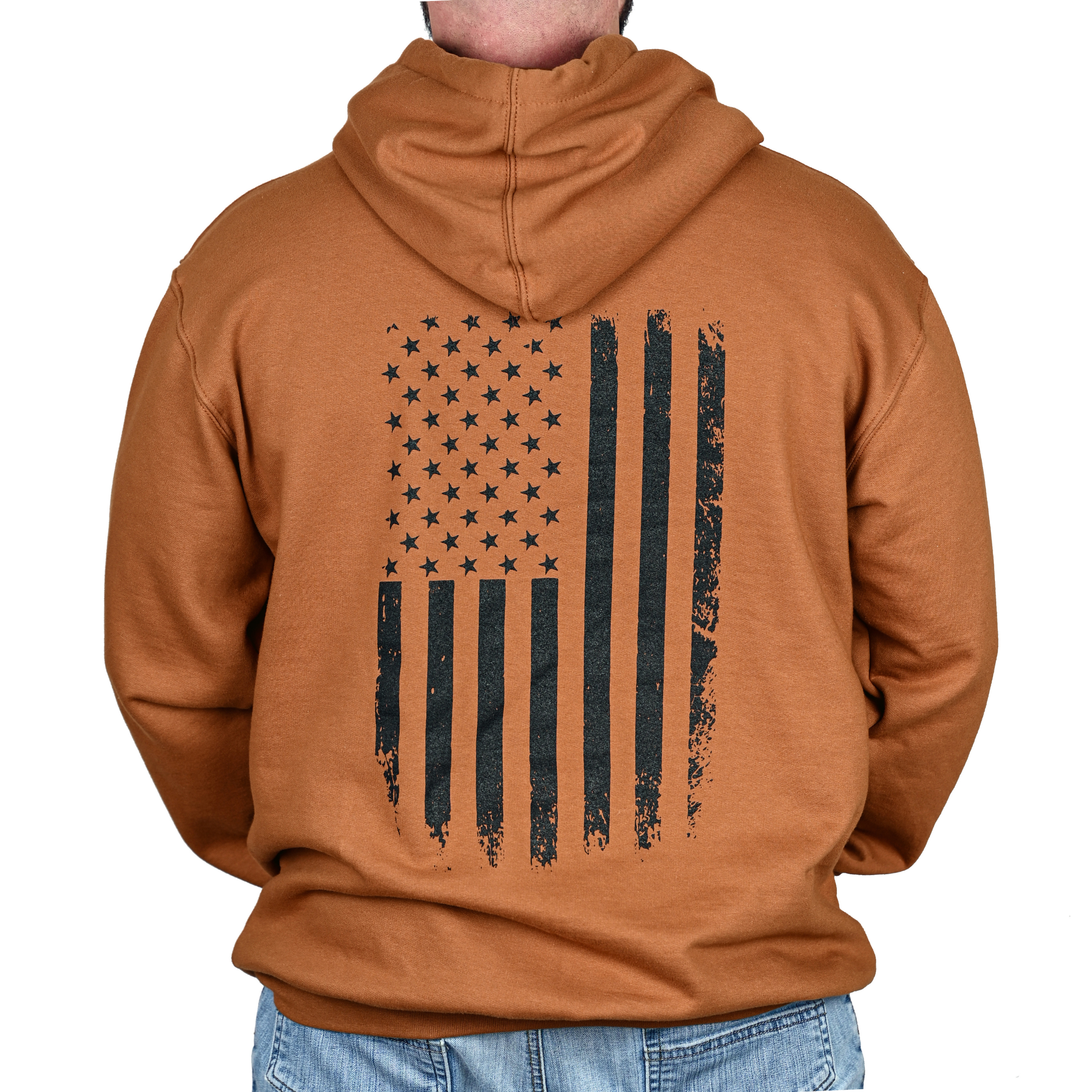 Caramel brown hoodie with an American flag design on the back, worn by a male model