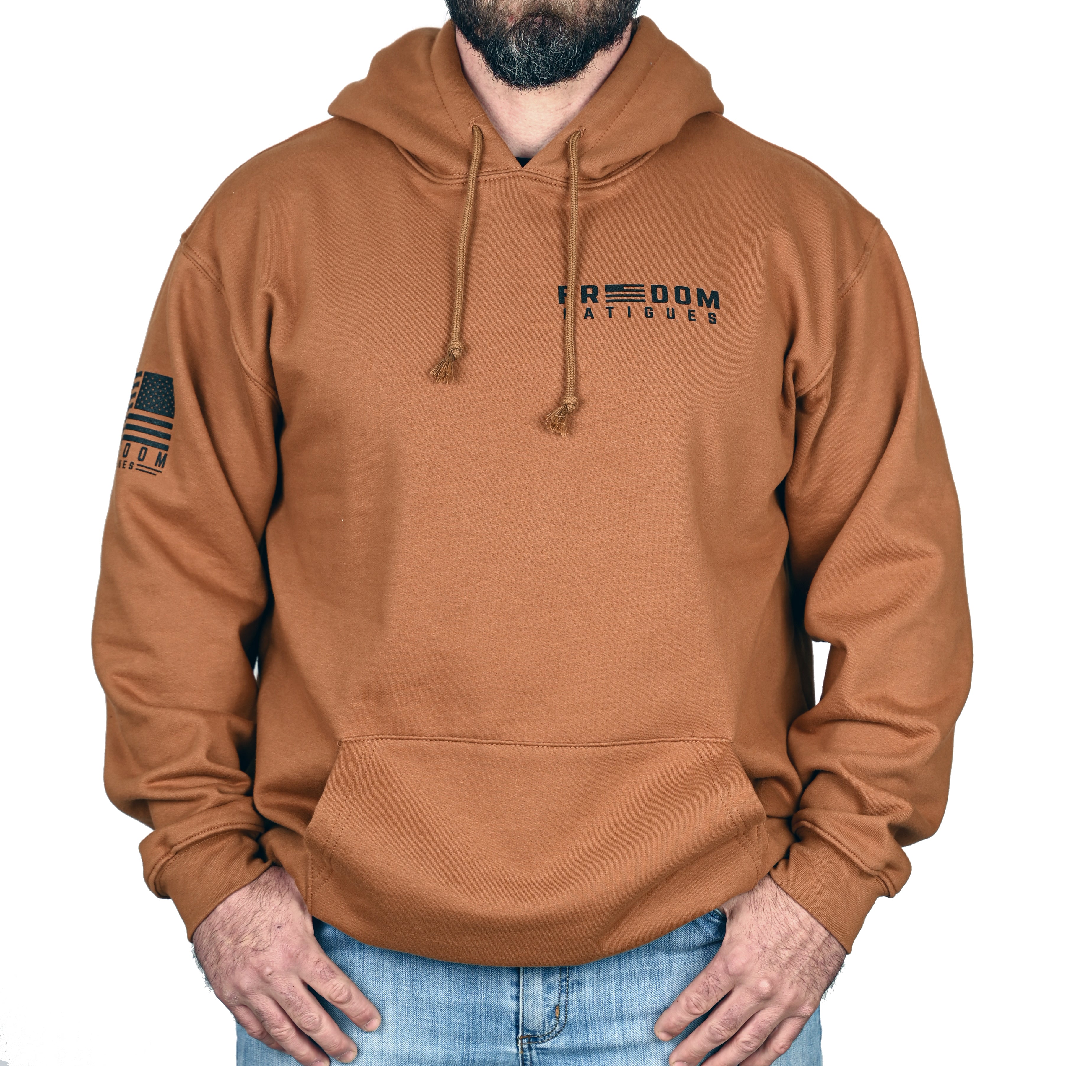 A caramel brown hoodie with a 'Freedom Fatigues' logo worn by a male model