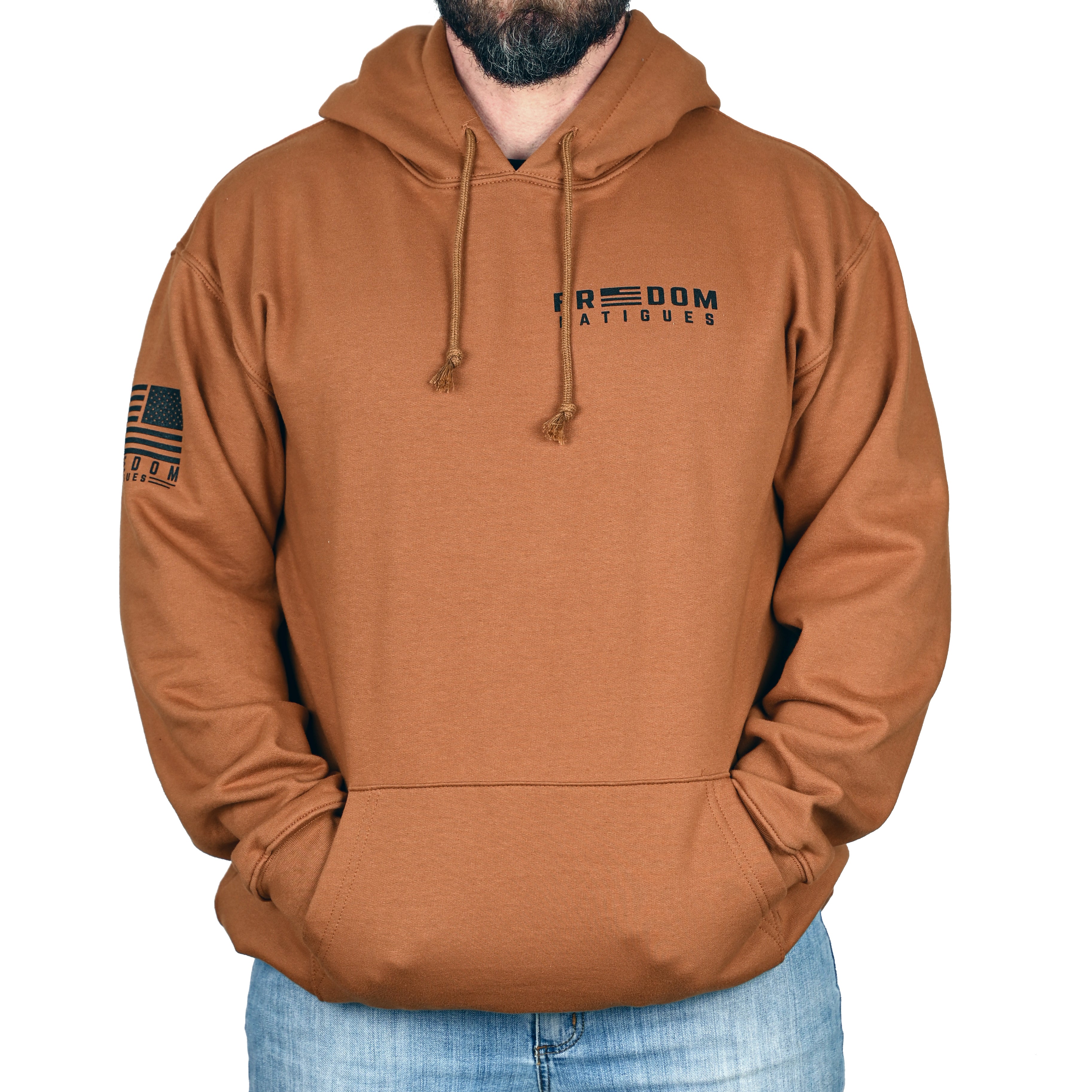 A caramel brown hoodie with 'Freedom Fatigues' branding worn by a male model