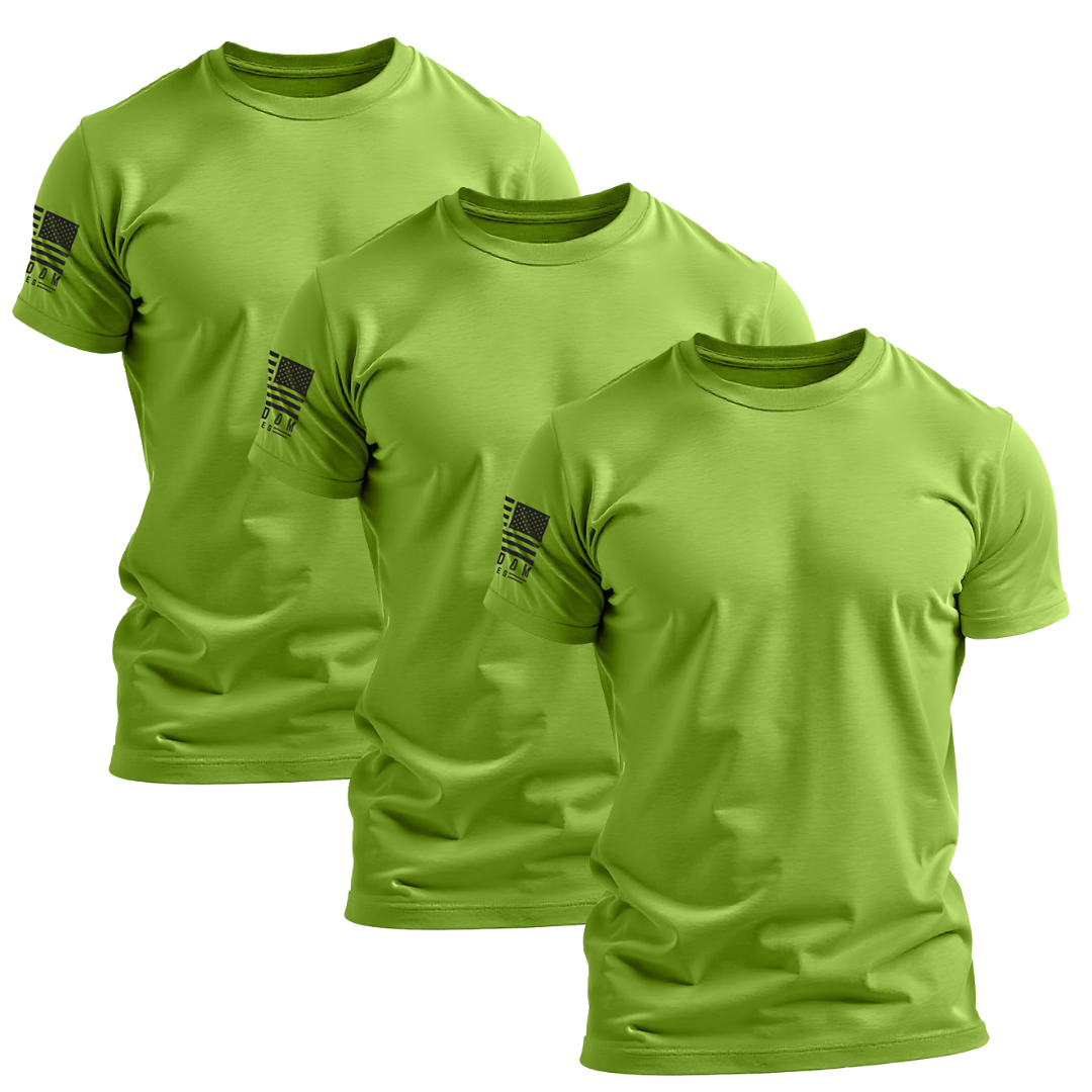 Three men's hi-vis green patriotic work t-shirts with a patriotic design, displayed in a stacked arrangement.