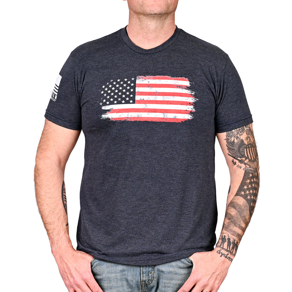 Men's Old Glory Patriotic t-shirt with a graphic of the American flag on the front. (Front view)