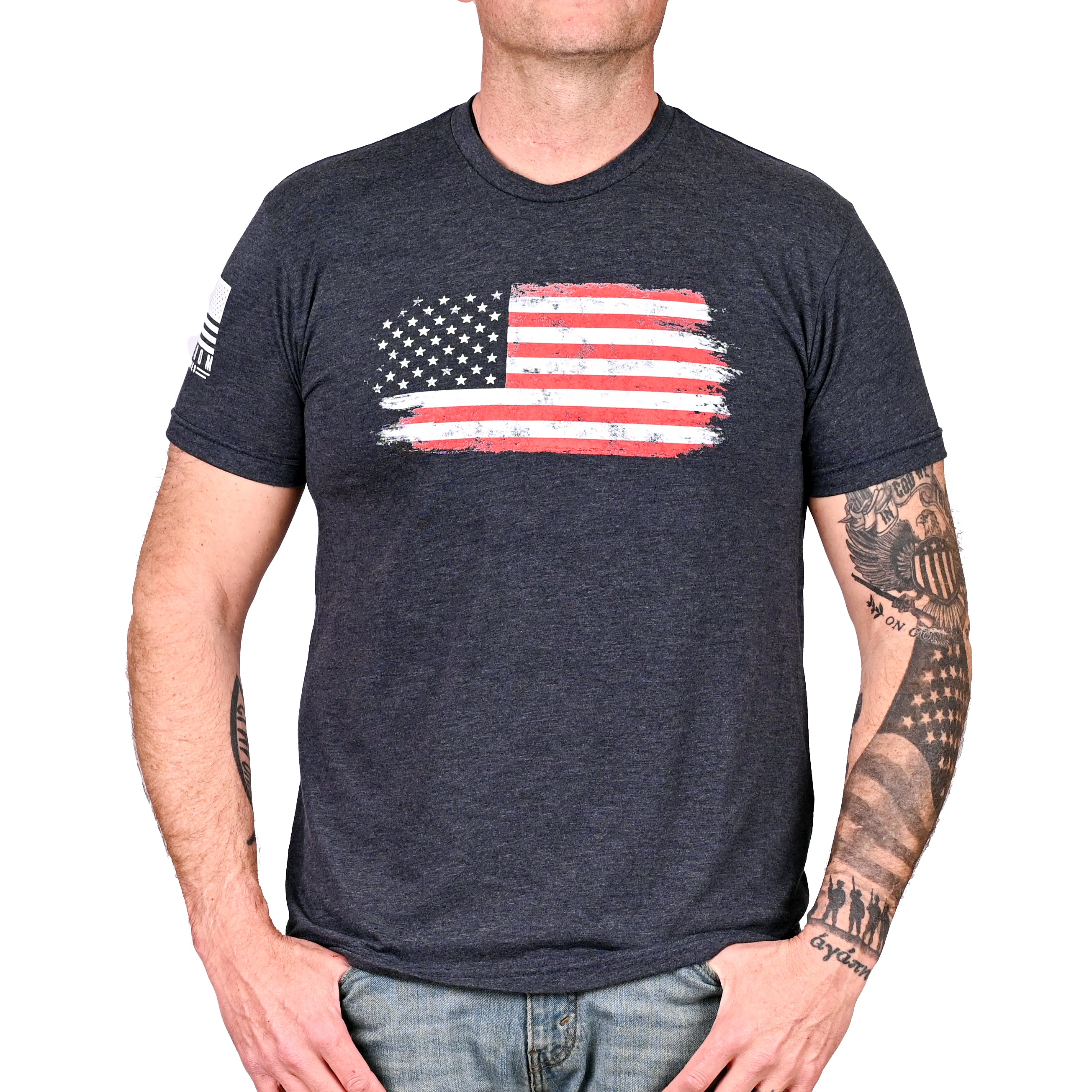 Men's Old Glory Patriotic t-shirt with a graphic of the American flag on the front. (Front view)