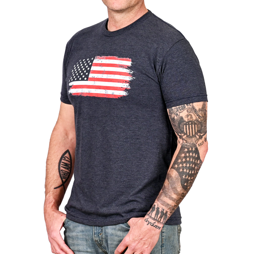 Men's Old Glory Patriotic t-shirt with a graphic of the American flag on the front. (Front view)