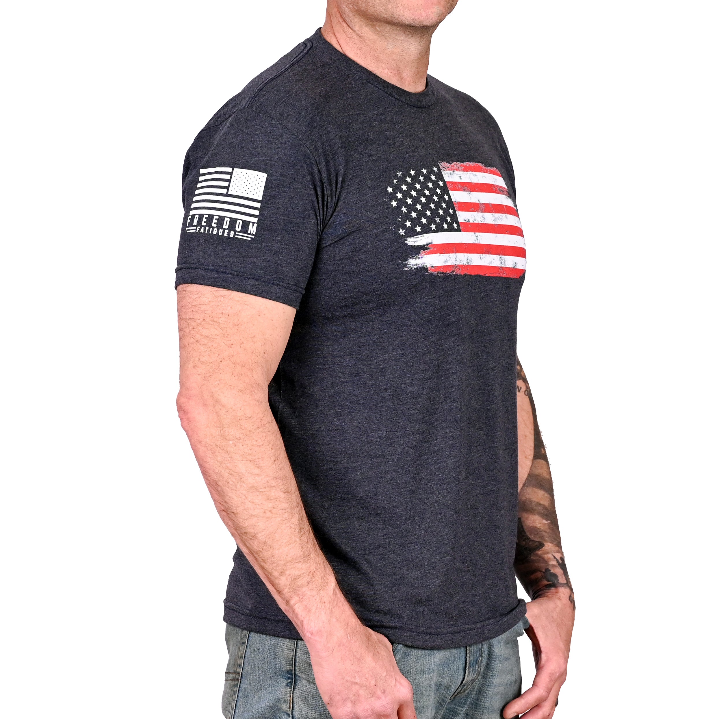 Men's Old Glory Patriotic t-shirt with a graphic of the American flag on the front. Right side view.
