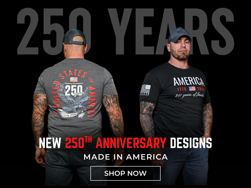 Two men wearing t-shirts with '250 Years' and 'America 1776' text, promoting new anniversary designs made in America.
