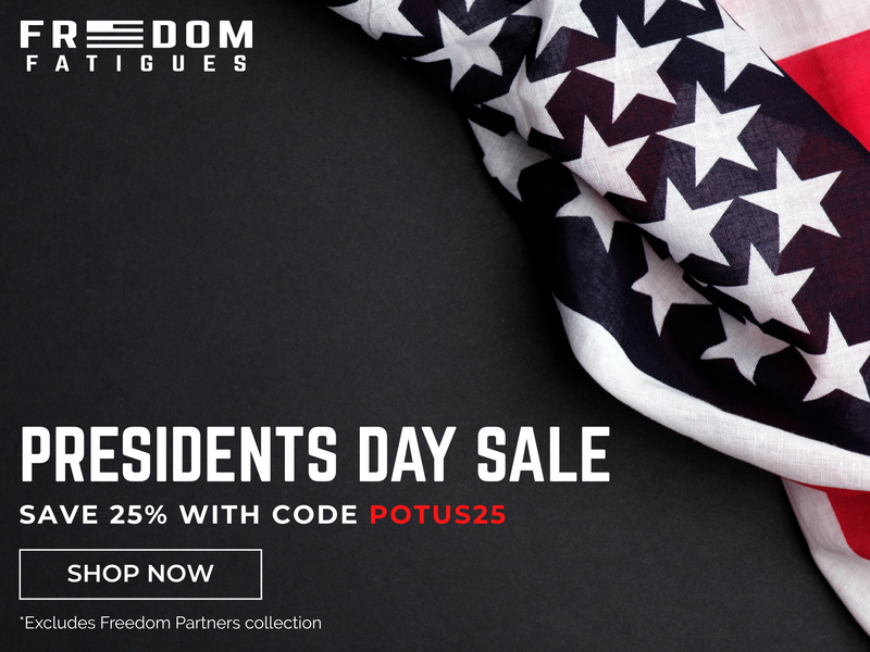 Promotional banner for Freedom Fatigues Presidents Day Sale with American flag design on a dark background.