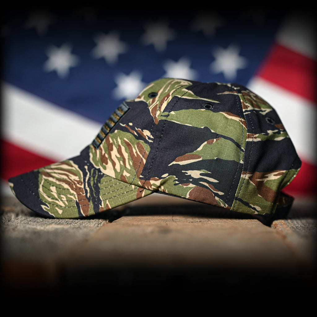 Left View of the Tiger Stripe Camo Full Fabric American Flag Range Hat