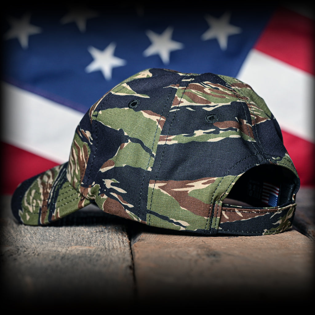 Back Left View of the Tiger Stripe Camo Full Fabric American Flag Range Hat