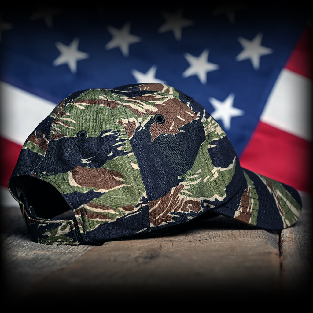Back Right View of the Tiger Stripe Camo Full Fabric American Flag Range Hat