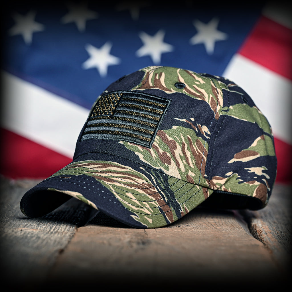 Front Left View of the Tiger Stripe Camo Full Fabric American Flag Range Hat