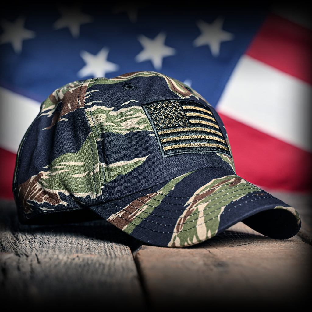 Front Right View of the Tiger Stripe Camo Full Fabric American Flag Range Hat