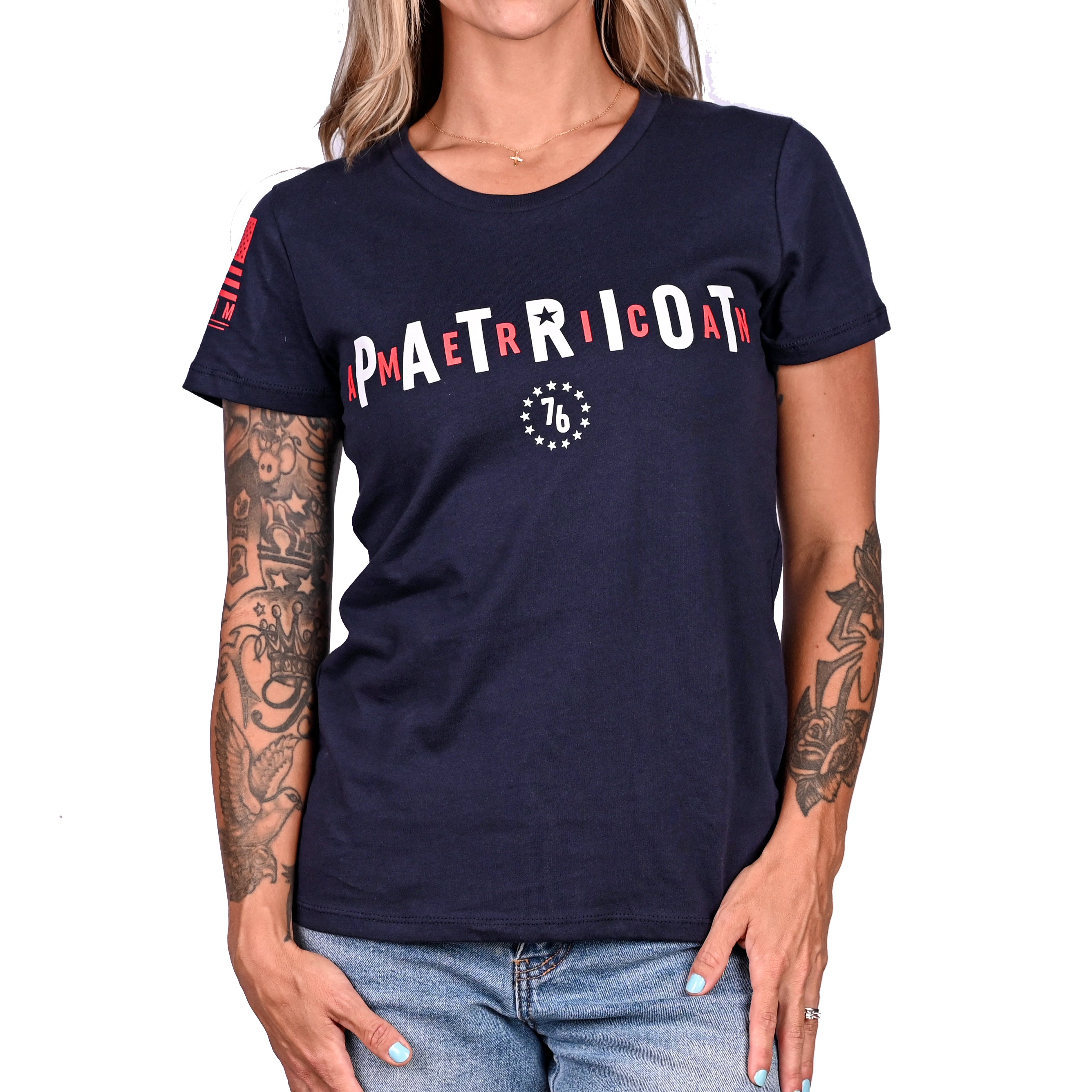 Front View of the Women's American Patriot Relaxed Fit Cotton Tshirt in Navy