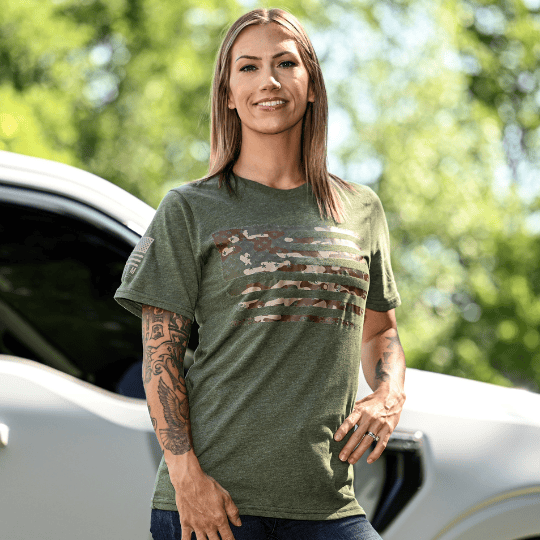 Women's Army Green Camo American Flag Patriotic T-Shirt | Freedom Fatigues