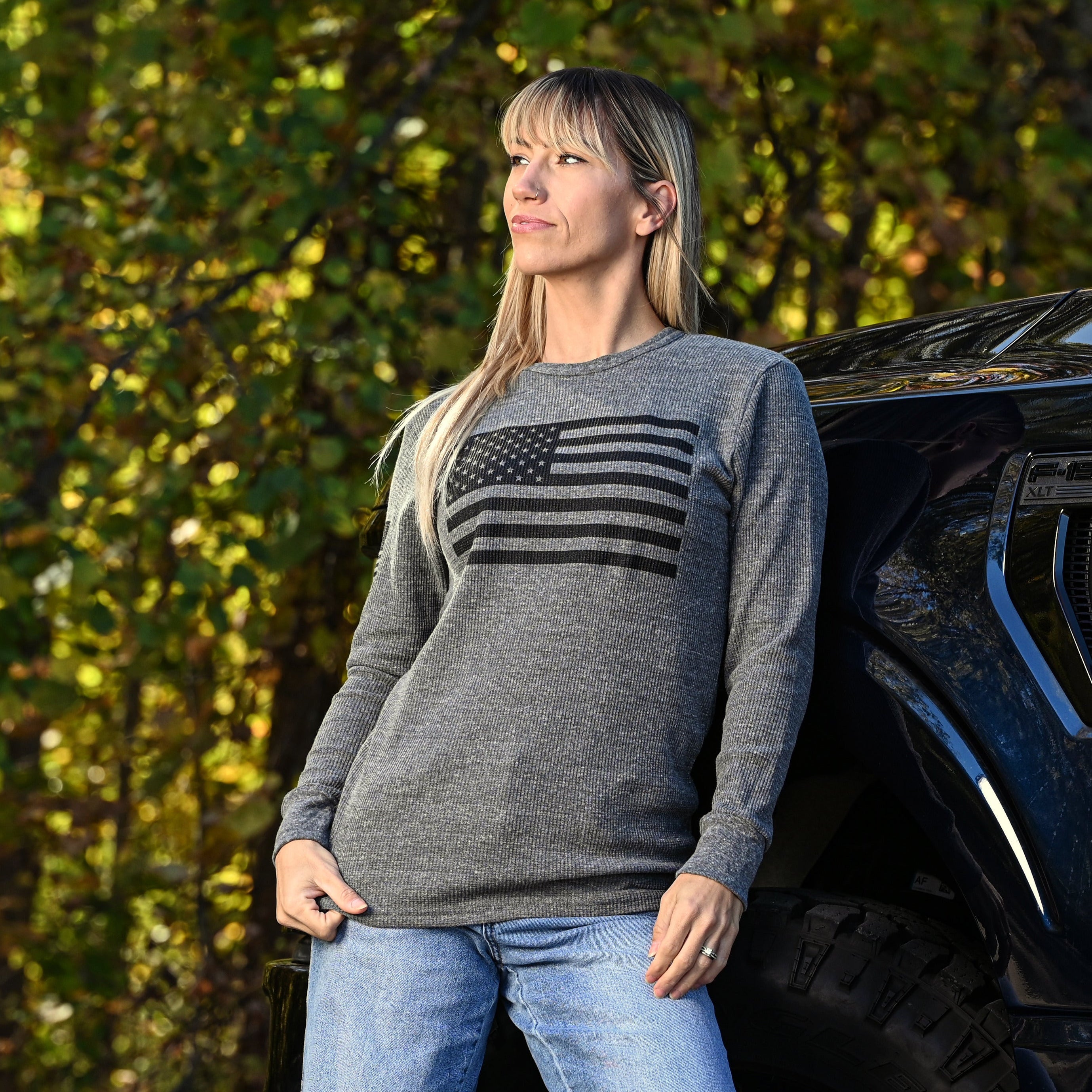 Women's American Flag Long Sleeve Patriotic Thermal - Boyfriend Fit