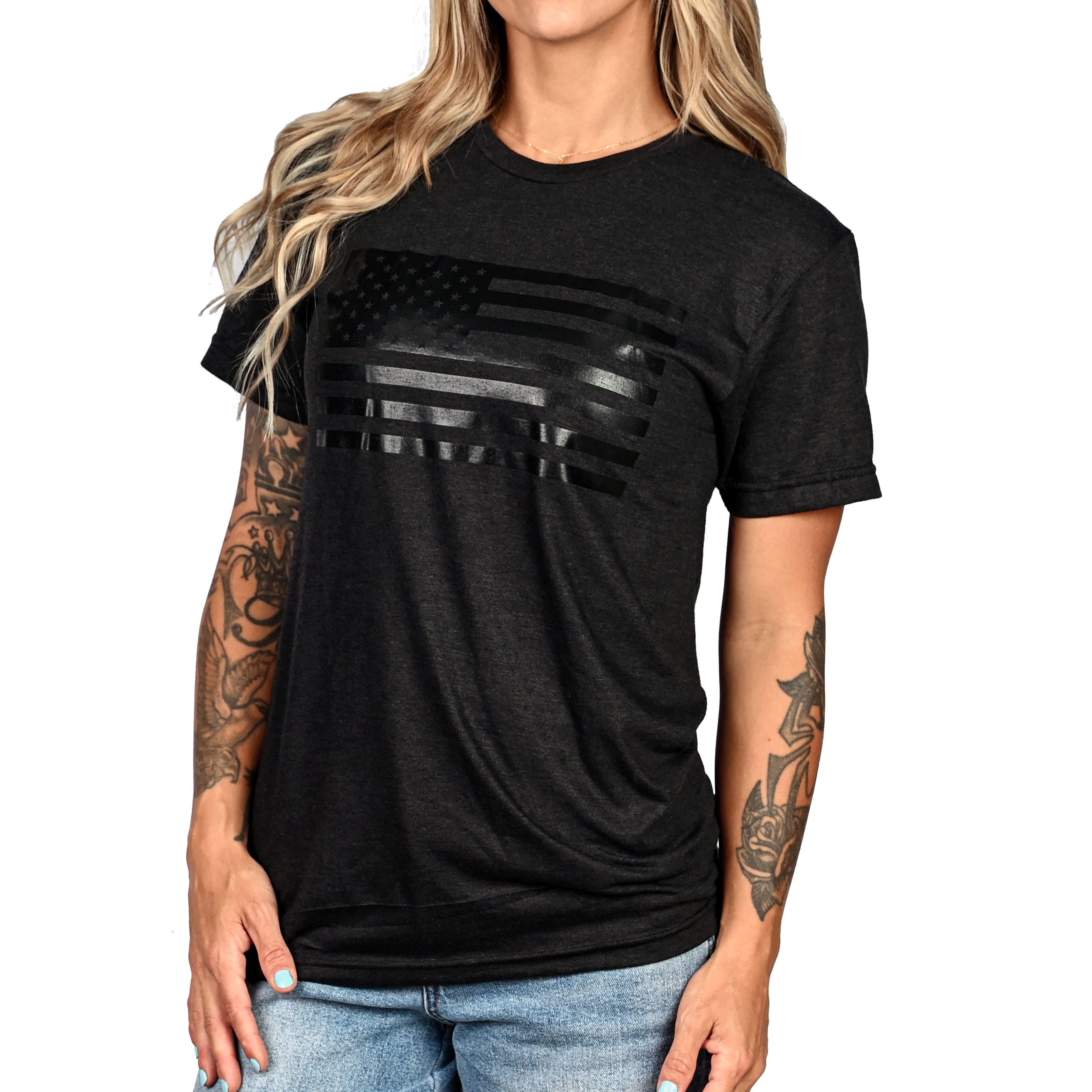 Women's Boyfriend Fit Murdered Out American Flag T-Shirt Front View #3