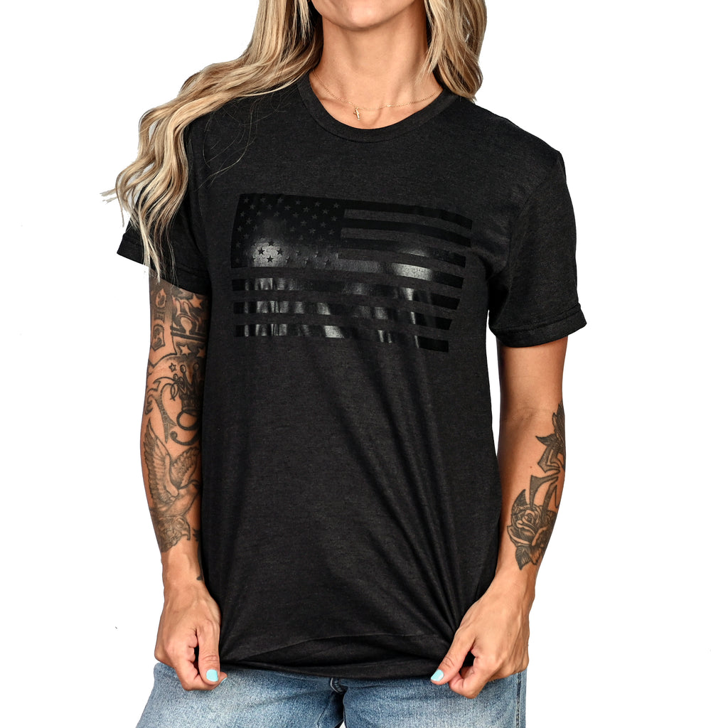 Women's Boyfriend Fit Murdered Out American Flag T-Shirt Front View