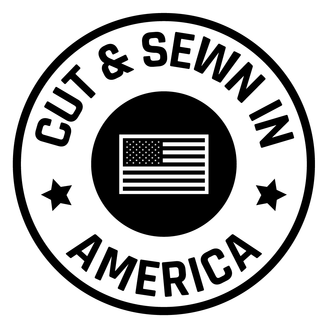 Circular logo with 'Cut & Sewn in America' text and an American flag in the center.