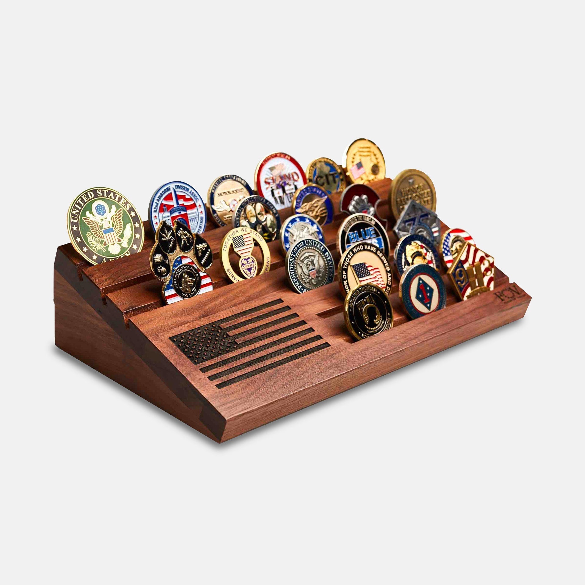 Wooden Desktop Challenge Coin Holder - Flags of Valor