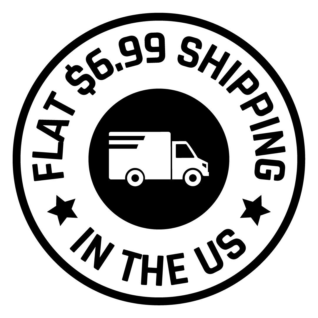 Circular logo with text 'Flat $6.99 Shipping in the US' and a delivery truck icon.