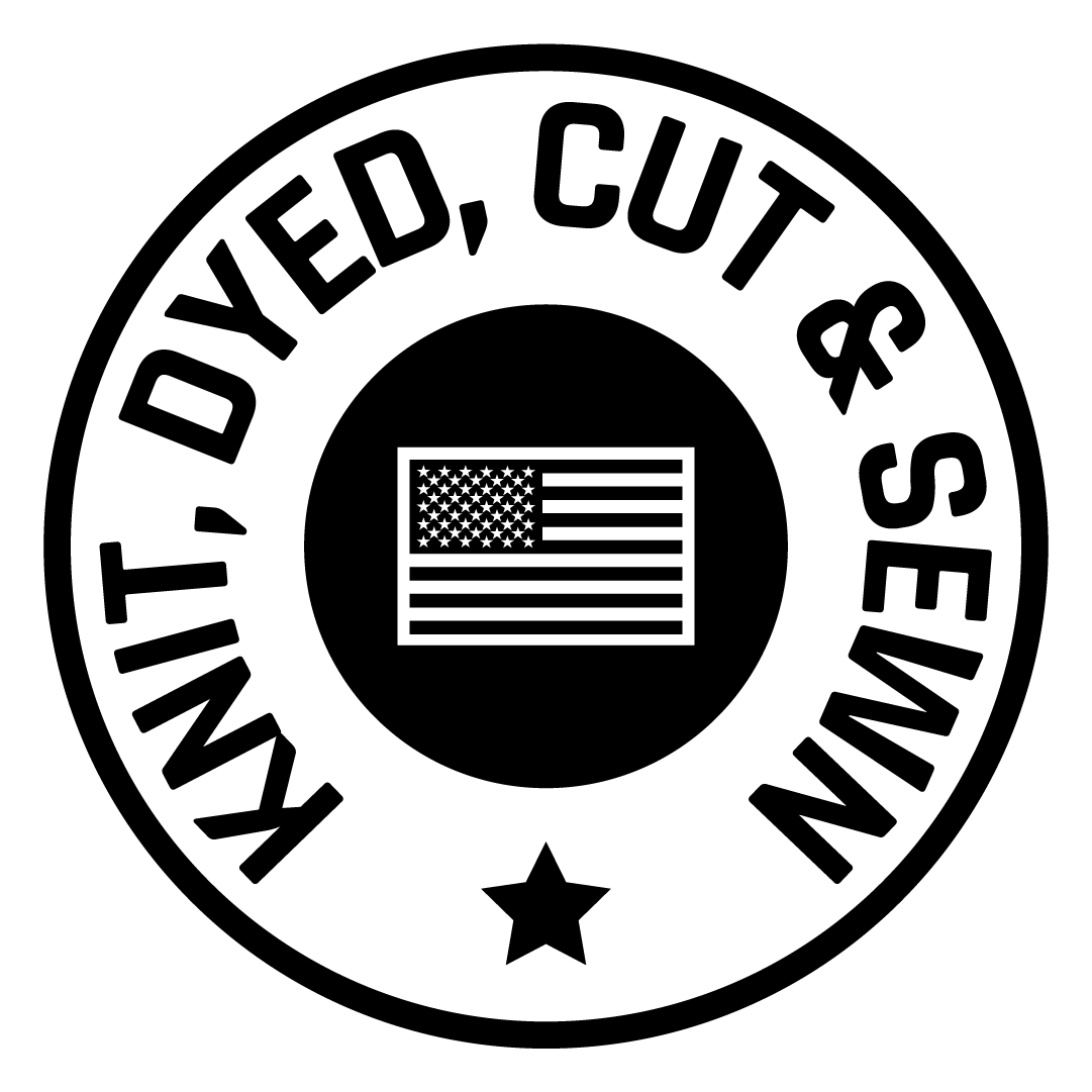 Circular logo with 'Knit, Dyed, Cut & Sewn' text and an American flag on a white background