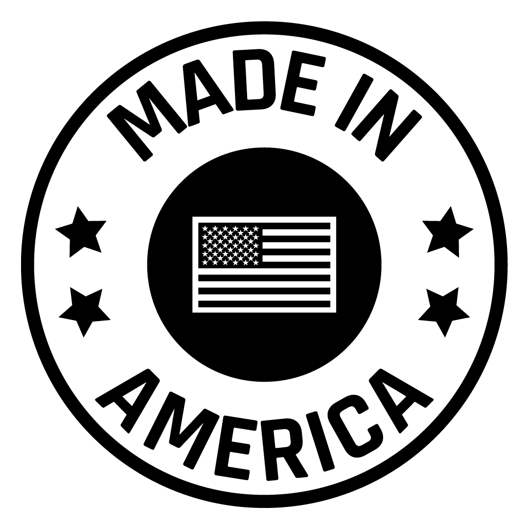Round 'Made in America' stamp with American flag in the center on a white background