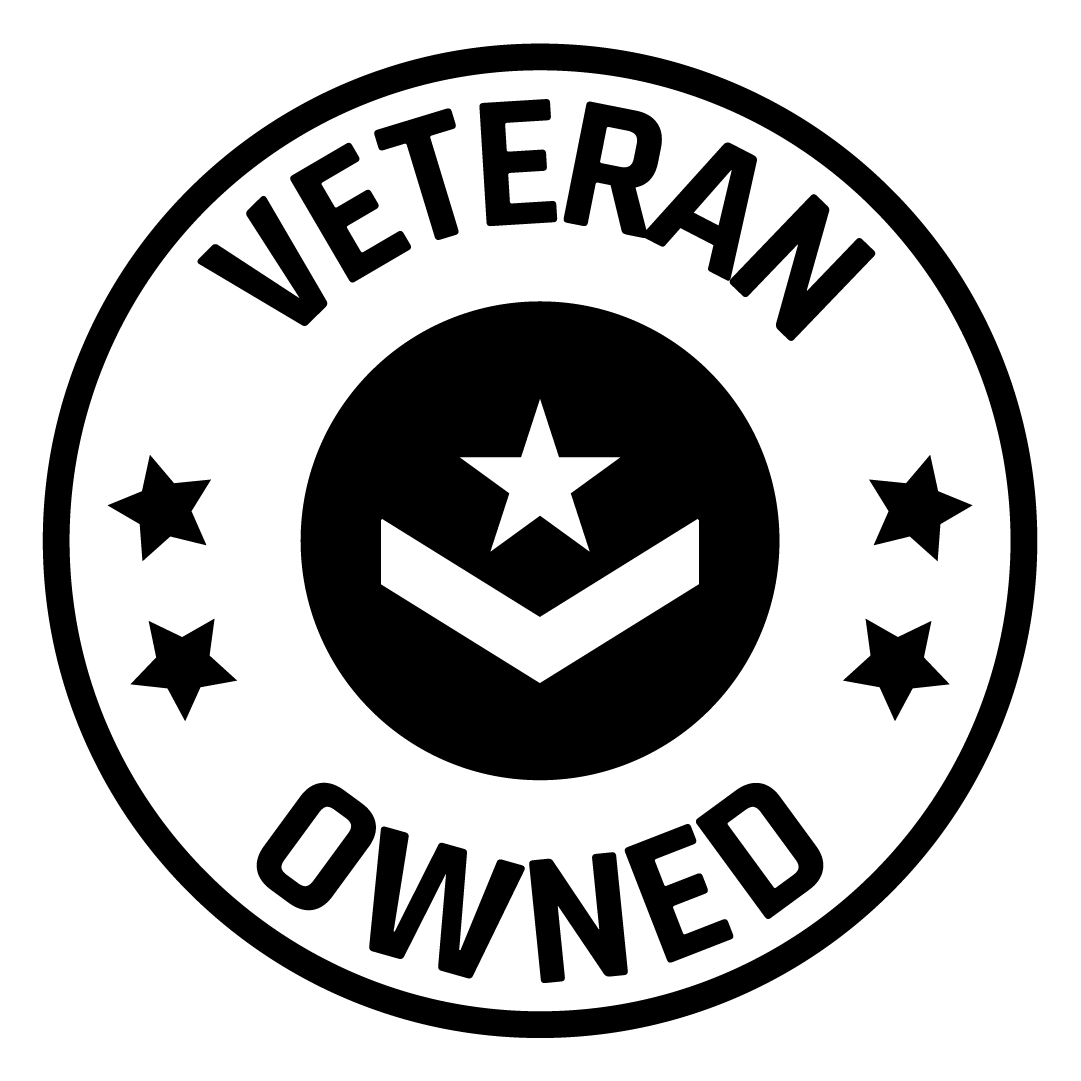 Black 'Veteran Owned' logo with stars on a white background