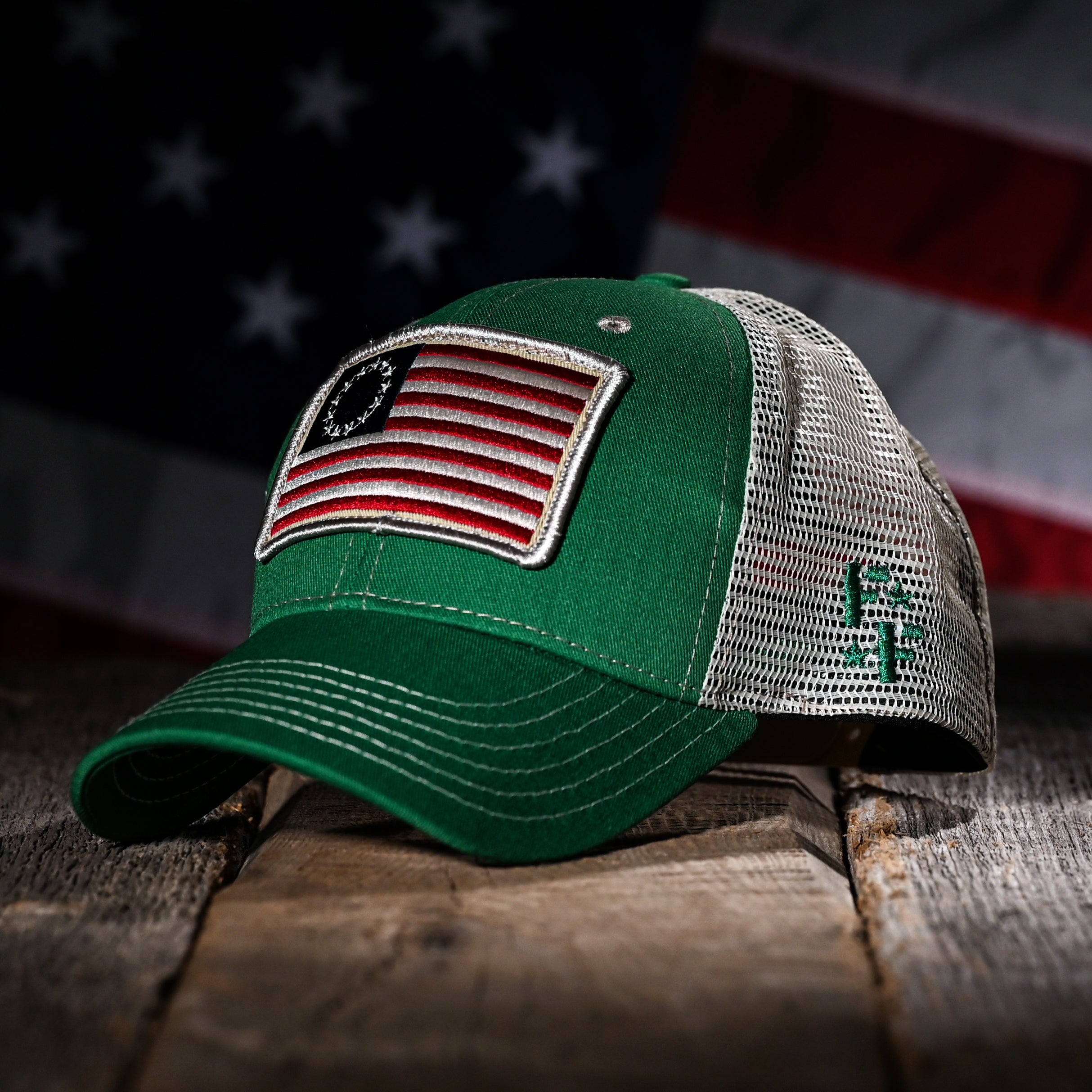 Betsy Ross Flag Patch Trucker Hat in Green - Freedom Fatigues